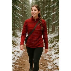 Columbia Women’s M Red Fair Isle Fleece Pullover Long Sleeve Outdoor Hiking